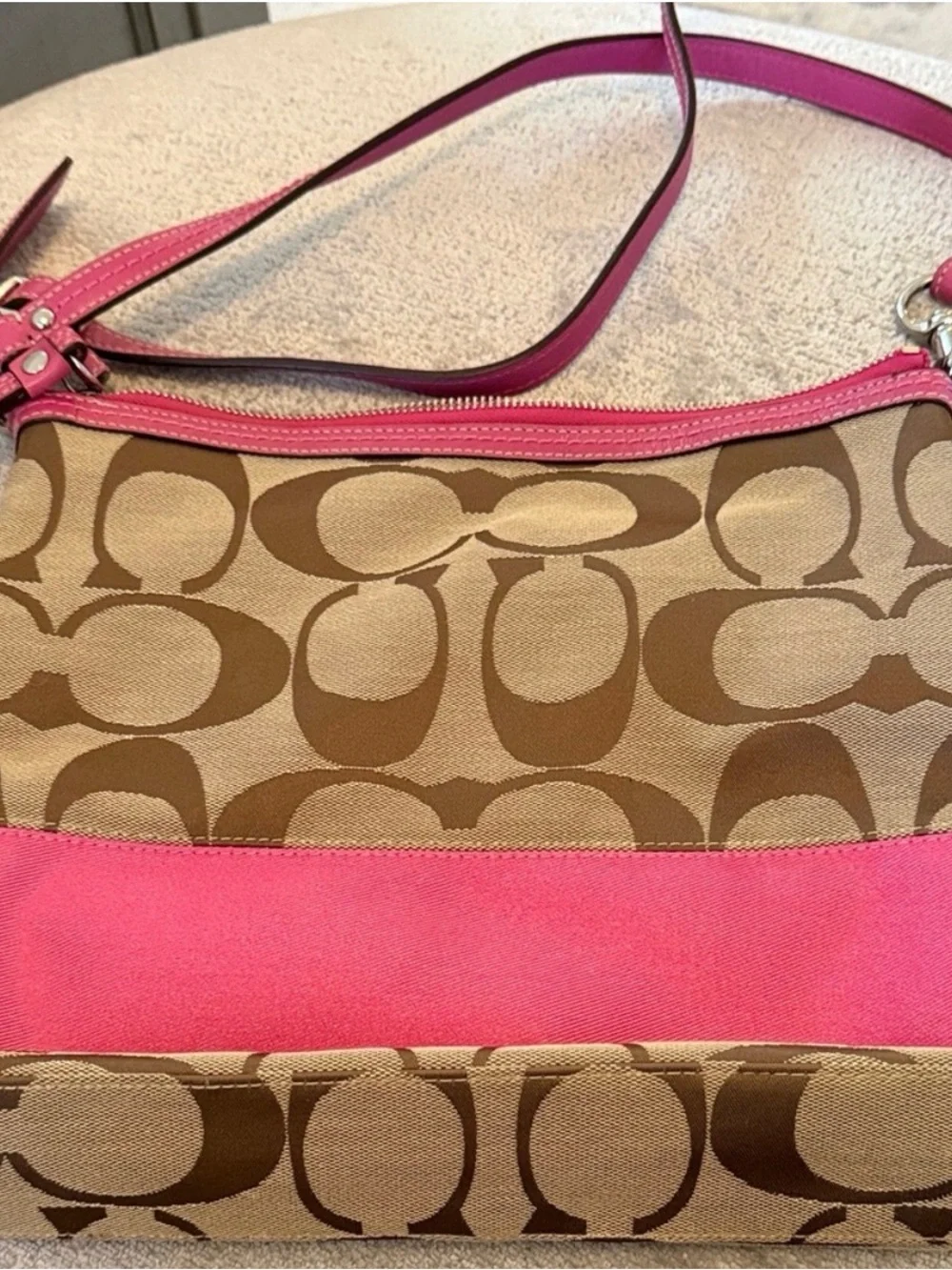 Coach F13674 Signature Khaki Pink Stripe Convertible Crossbody Shoulder Bag